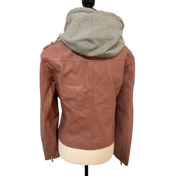 Vintage Le Chateau Medium Pink Faux Leather Moto Jacket w/ Grey Hoodie - Picture 8 of 11